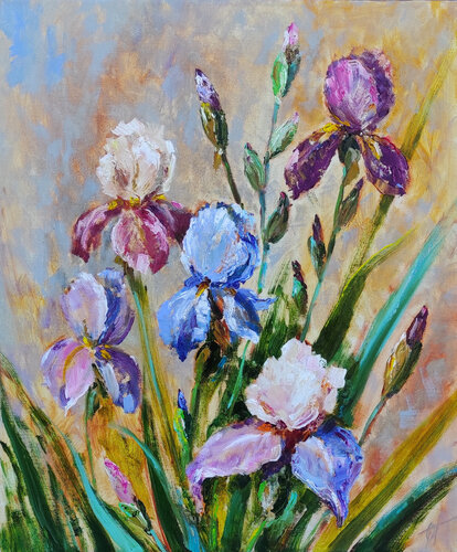 Irises original oil flowers painting van Olga Ponomarenko, Schilderij te koop op Singulart