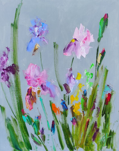 Abstract irises original oil painting on canvas von Olga Ponomarenko, Malerei kaufen auf Singulart