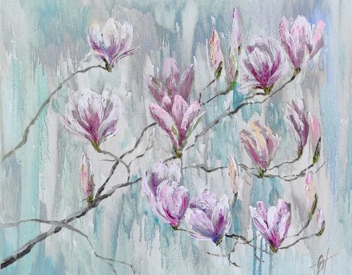 Magnolia original oil painting on canvas. Spring blooming tree wall art. Fine art de Olga Ponomarenko, Pintura a la venta en Singulart