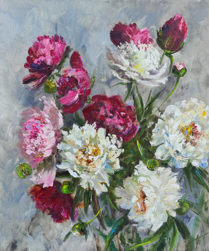 Peonies original oil floral painting. Textured impasto flowers oil wall art de Olga Ponomarenko, Pintura a la venta en Singulart
