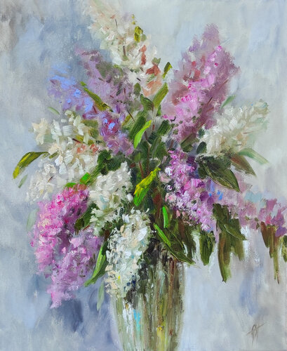 Bouquet of lilac original oil artwork. Flowers. Floral painting van Olga Ponomarenko, Schilderij te koop op Singulart