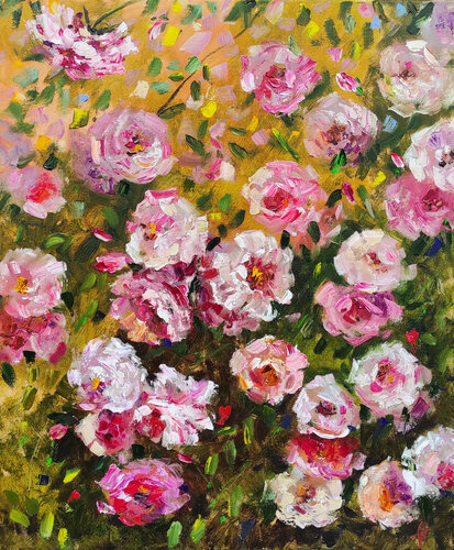 Roses original oil painting on canvas. Flowers art, floral artwork, textured impasto oil painting von Olga Ponomarenko, Malerei kaufen auf Singulart