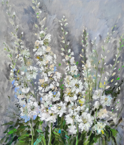 White Delphiniums. Original oil floral artwork on canvas van Olga Ponomarenko, Schilderij te koop op Singulart