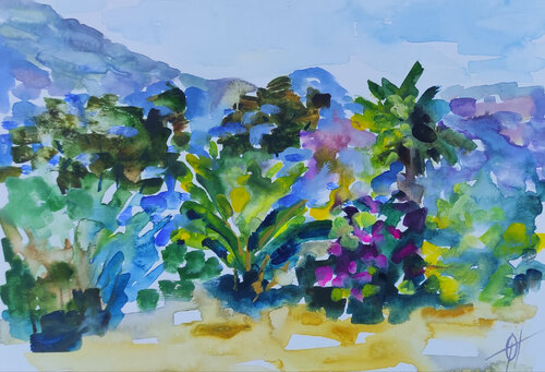 Mountains and bright sunny trees von Olga Ponomarenko, Malerei kaufen auf Singulart