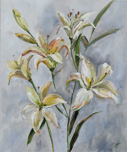 White Lilies original oil painting van Olga Ponomarenko, Schilderij te koop op Singulart