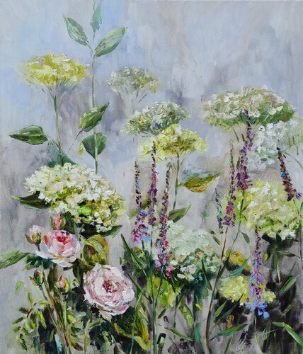 Hydrangeas in the garden. Original oil painting on canvas di Olga Ponomarenko, Pittura in vendita su Singulart
