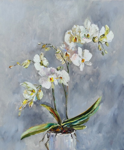 The White Orchid. Original oil floral artwork van Olga Ponomarenko, Schilderij te koop op Singulart