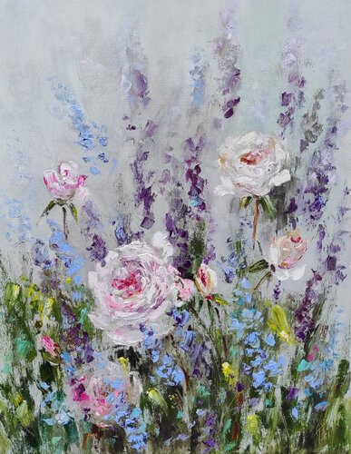 Roses and salvia. Impasto oil painting on canvas von Olga Ponomarenko, Malerei kaufen auf Singulart