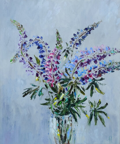 Lupine bouquet. Impasto oil painting on canvas van Olga Ponomarenko, Schilderij te koop op Singulart
