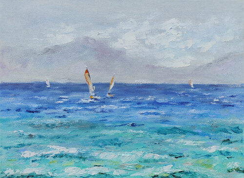 Bright sailboats at sea. Original oil seascape on canvas von Olga Ponomarenko, Malerei kaufen auf Singulart