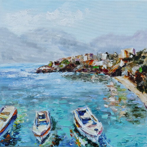 Boats. Original oil seascape on canvas van Olga Ponomarenko, Schilderij te koop op Singulart