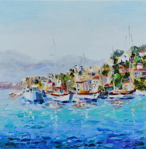 Bright impasto oil seascape yachts in the marina von Olga Ponomarenko, Malerei kaufen auf Singulart