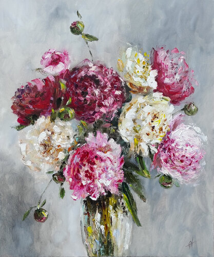 Bright impasto peonies artwork van Olga Ponomarenko, Schilderij te koop op Singulart