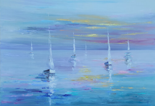 White yachts on sunset original oil seascape von Olga Ponomarenko, Malerei kaufen auf Singulart
