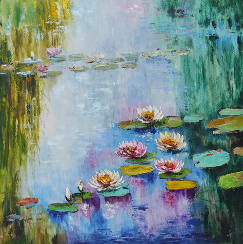 Waterlilies original impasto oil painting on canvas by Olga Ponomarenko, Painting for Sale on Singulart