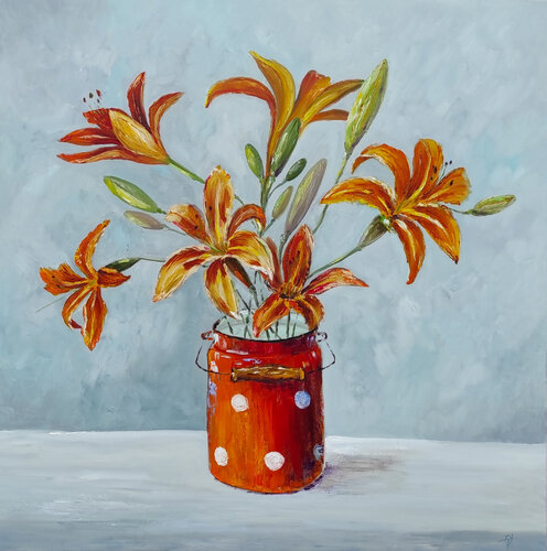 Orange lilies original oil painting von Olga Ponomarenko, Malerei kaufen auf Singulart