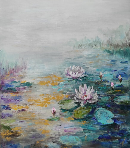 Water lilies on a misty forest lake original oil painting von Olga Ponomarenko, Malerei kaufen auf Singulart