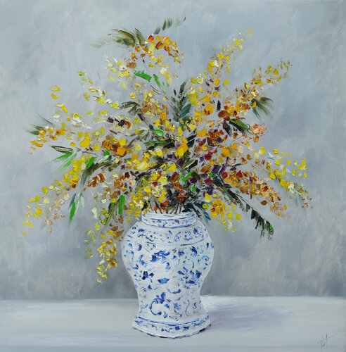 Bouquet of mimosa in a Chinese vase von Olga Ponomarenko, Malerei kaufen auf Singulart