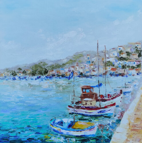 Marina in Greece. Original oil painting on canvas van Olga Ponomarenko, Schilderij te koop op Singulart