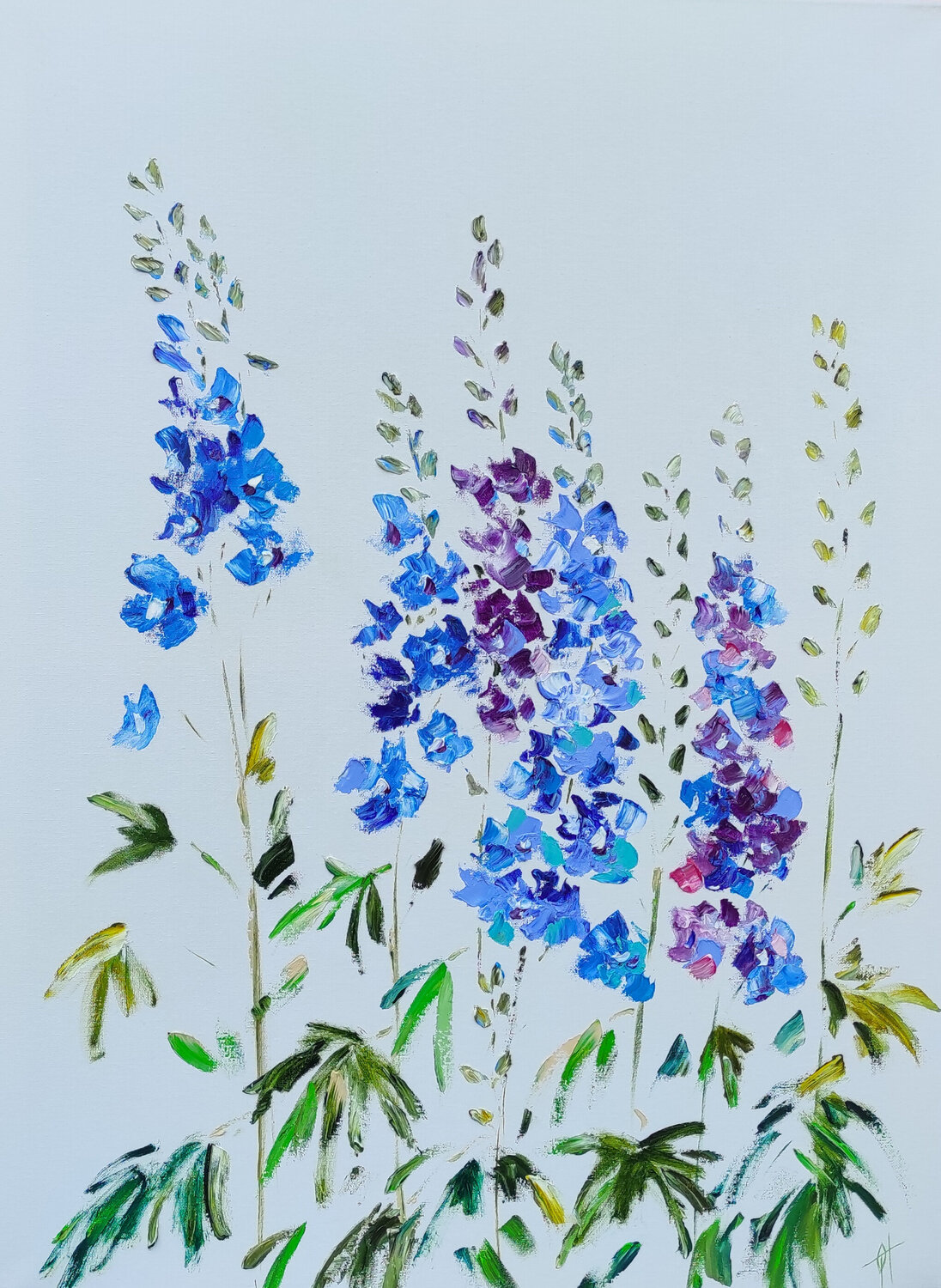 Blue delphiniums original impasto artwork Olga Ponomarenko Dipinto originale in vendita