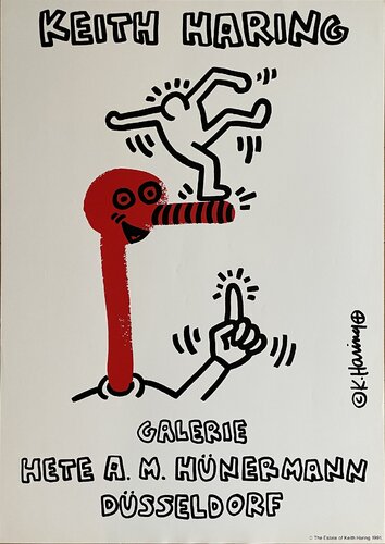 KEITH HARING (1958-1990), ORIGINAL 1991 EXHIBITION POSTER GALERIE HETE A. M. HÜNERMANN DÜSSELDORF, COPYRIGHT THE ESTATE OF KEITH HARING 1991, PRINTED IN GERMANY van Keith Haring, Afdruk te koop op Singulart