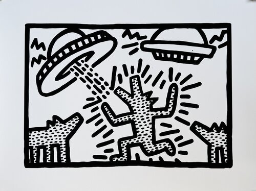 Keith Haring (1958-1990), Untitled (Dogs with UFO's), Copyright Keith Haring Foundation, Licensed by Artestar New York, Printed in the UK 37/54 0Y49T3 big size von Keith Haring, Druck kaufen auf Singulart