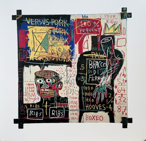 Jean Michel Basquiat (1960-1988), The Italian version of Popey has no Pork nin his Diet, 1982, Copyright Estate of Jean Michel Basquiat, Licensed by Artestar New York, Printed in the UK  6/54 0Y48X5 by Jean-Michel Basquiat, Print for Sale on Singulart