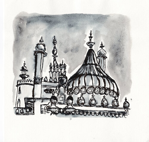Pavilion's Rooftops in Brighton di Karina Brzostowski, Opera su carta in vendita su Singulart