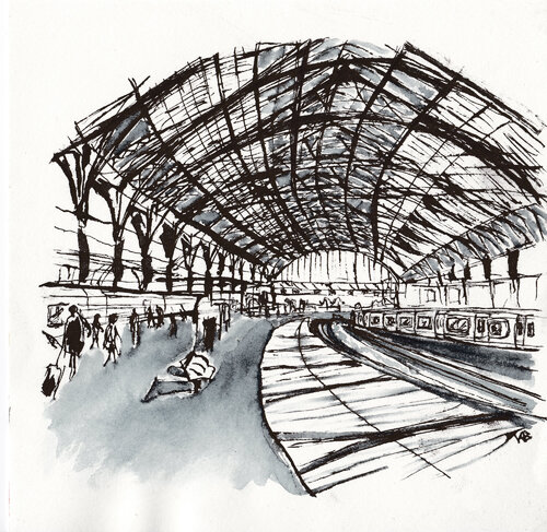 The train Station in Brighton di Karina Brzostowski, Opera su carta in vendita su Singulart