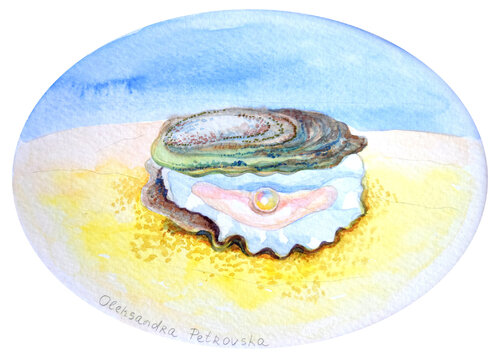 Oyster with the pearl on the beach by OLEKSANDRA PETROVSKA, Work on Paper for Sale on Singulart