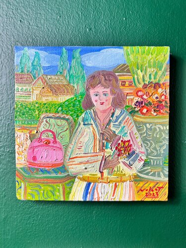 Woman with a pink kelly Bag van Valentino Febri, Schilderij te koop op Singulart