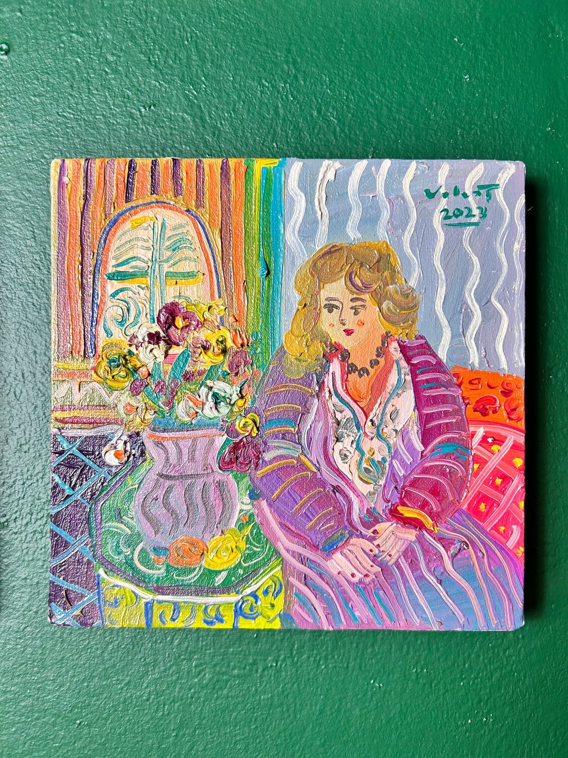 Woman with Flower vase Valentino Febri Originalgemälde zu verkaufen