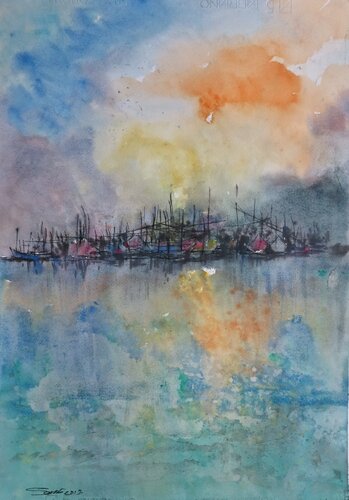 Fishing boats on the bay von Sawan Tantiwan, Werk auf Papier kaufen auf Singulart