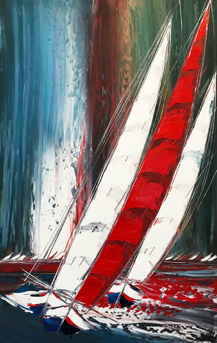 Voilier rouge à l'horizon... (Esprit voile 2020) von Olivier Messas, Malerei kaufen auf Singulart