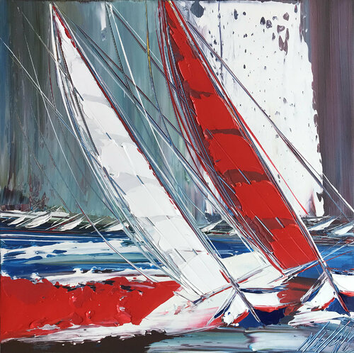Le voilier rouge... (Esprit voile 2021) van Olivier Messas, Schilderij te koop op Singulart