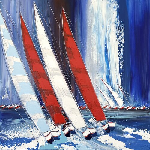 Voiles rouges à l’horizon... (ESPRIT VOILE 2023) van Olivier Messas, Schilderij te koop op Singulart