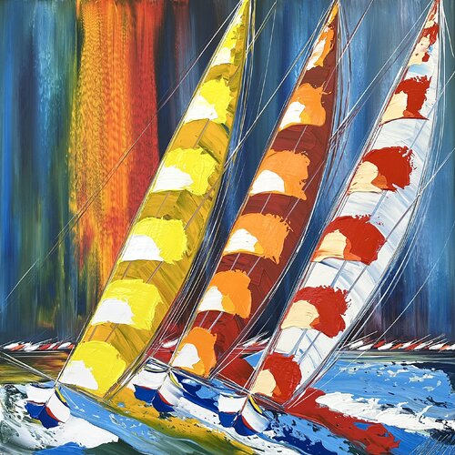 Coucher de soleil sur les voiles... (ESPRIT VOILE 2024) von Olivier Messas, Malerei kaufen auf Singulart