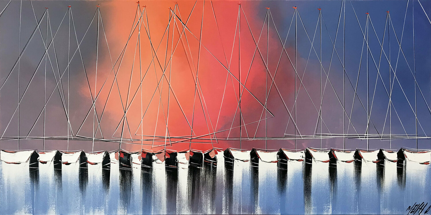 Les mâts du soleil levant... (Esprit voile 2021) Olivier Messas Originalgemälde zu verkaufen