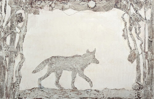"Desert Animal" Contemporary Neutral Toned Abstract Fox Animal Lace Painting par Mike Hoggg, Peinture en vente sur Singulart