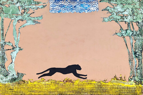"Black Cat" Contemporary Neutral Toned Abstract Animal Lace Painting par Mike Hoggg, Peinture en vente sur Singulart