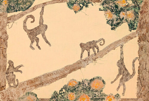 "Monkey Business" Contemporary Neutral Tone Abstract Jungle Animal Lace Painting par Mike Hoggg, Peinture en vente sur Singulart