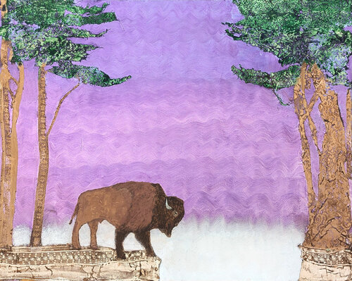 "Buffalo" Contemporary Purple Toned Abstract Animal Lace Landscape Painting de Mike Hoggg, Pintura a la venta en Singulart