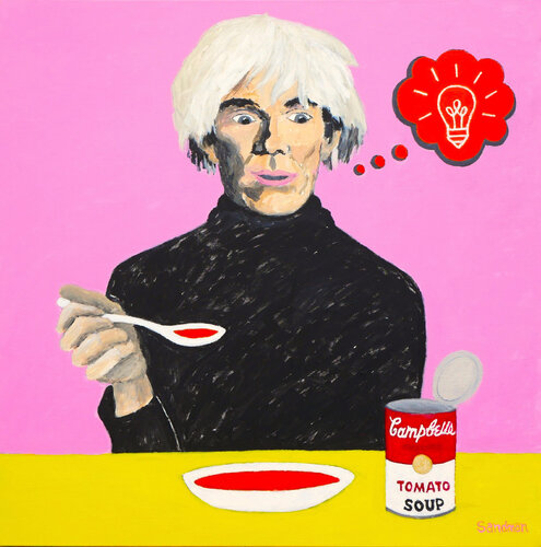 "The Light Bulb Moment" Contemporary Portrait of Andy Warhol & Campbell's Soup by Robert Sandman, Painting for Sale on Singulart