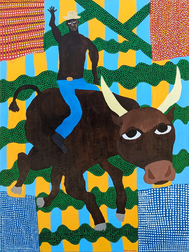 "Let's ride" Contemporary Colorful Western Black Cowboy Bull Riding Painting di Kevin Gilmore, Pittura in vendita su Singulart