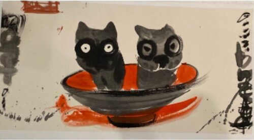Mean Cat and Black Faced Cat = bowl-a-Cats von Tammy Smith, Werk auf Papier kaufen auf Singulart