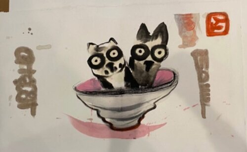 Bowl-a-cats (pink von Tammy Smith, Werk auf Papier kaufen auf Singulart
