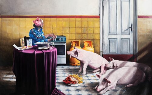 Dar de comer a los cerdos di Raul Pizarro, Pittura in vendita su Singulart