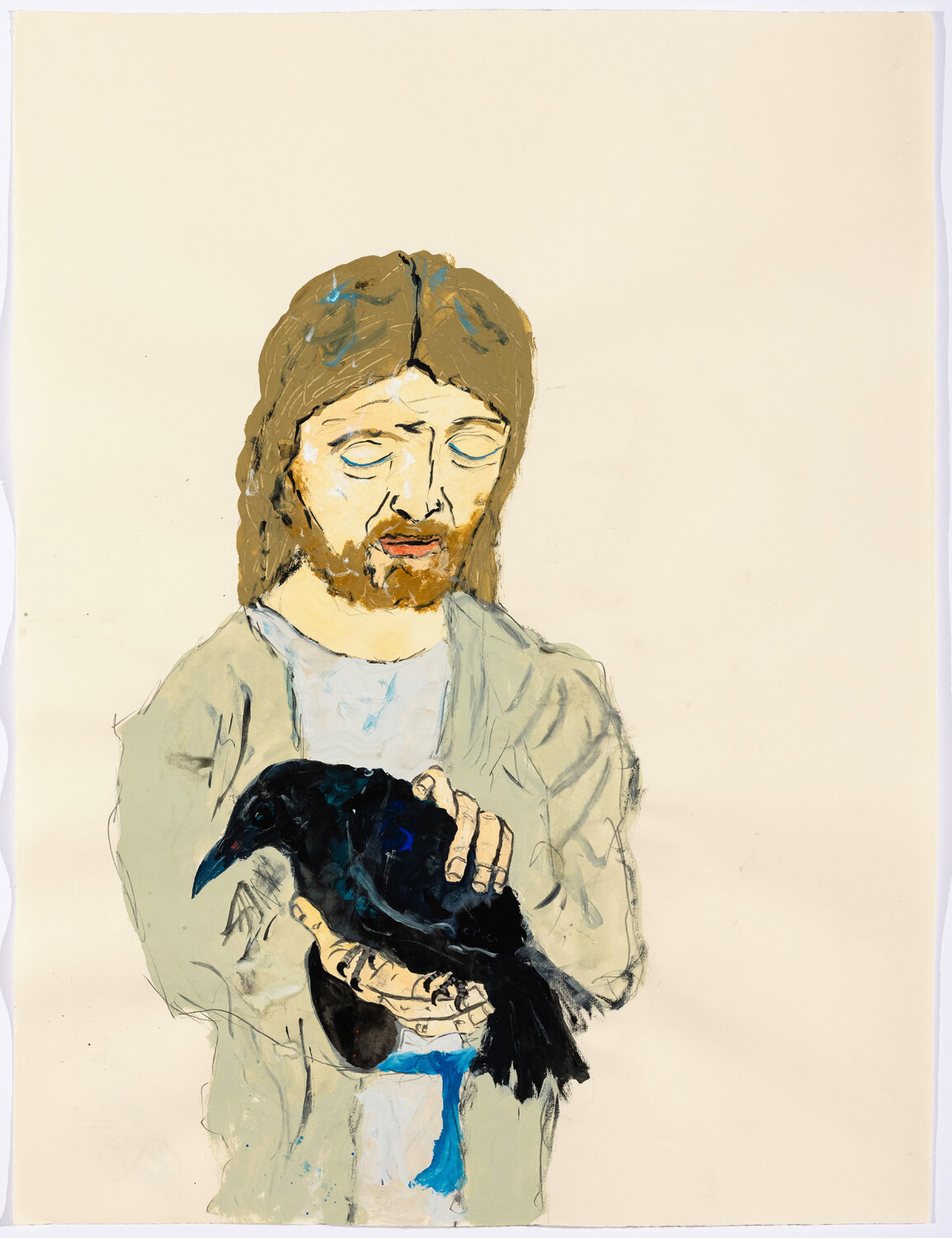Christ with Corvid Eve Wood Work on Paper for sale