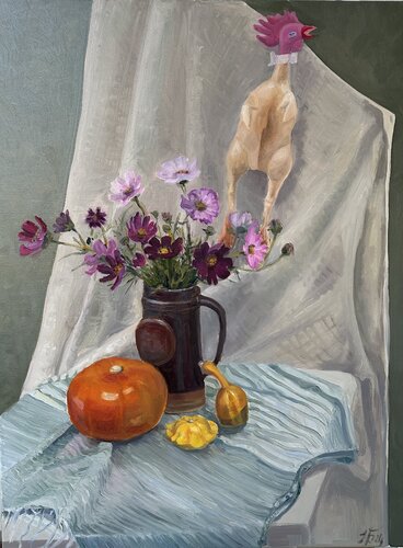 Cosmos Flowers and Humor van Iryna Barabash, Schilderij te koop op Singulart