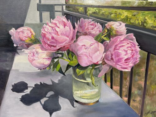 Peonies on the Balcony de Iryna Barabash, Pintura a la venta en Singulart